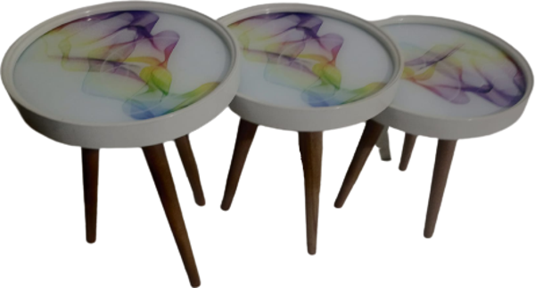 Zigon 19629 Sehpa Çember RENKLİ DALGA Model Kayın Retro Parlk Ceviz 3Ayk Üstü Cam - Image 1