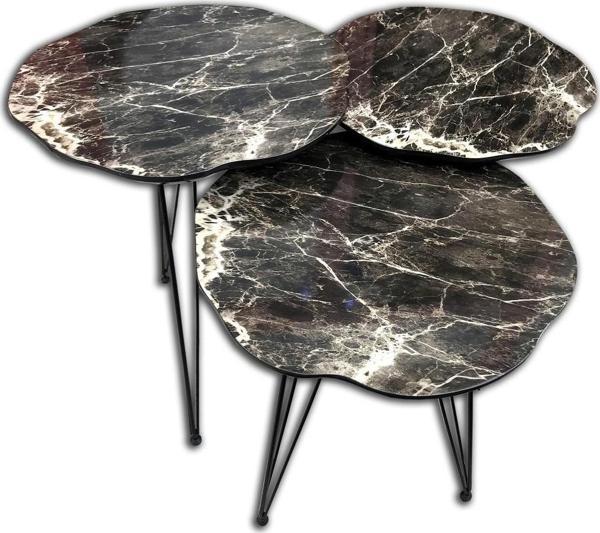 Zigon13705 PAPATYA Metal Siyah V Ayak Ahşap Siyah MDF Mermer Desen Tabla El Yapım - Image 1