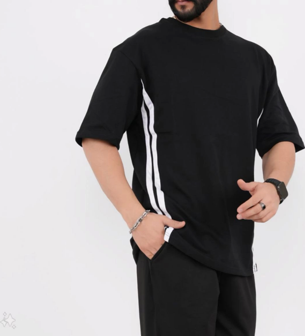 Unisex Oversize Yanları Şeritli T-Shirt - Siyah - Image 1