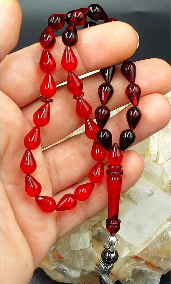 KIRMIZI-SİYAH DAMLA MODEL ALPAKA PÜSKÜL ATEŞ KEHRİBAR TESPİH - Image 1