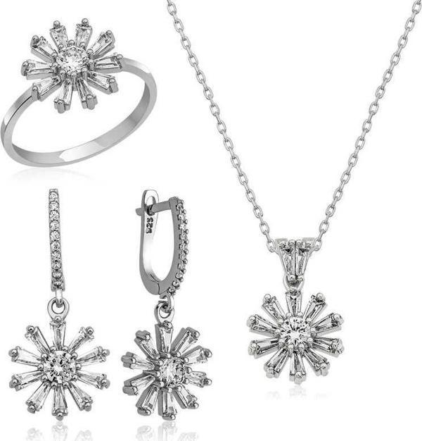 Gümüş Trapez Taşlı  Çiçek Bayan Set - Image 1