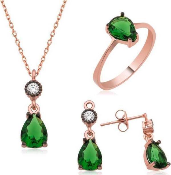 Gümüş Yeşil Damla Taşlı Bayan Set - Image 1