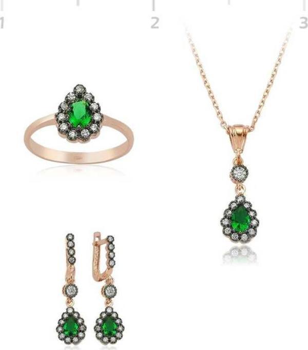 Gümüş Yeşil Taşlı Damla Bayan Set - Image 1