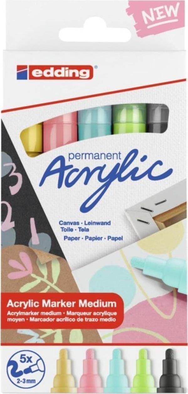 Edding 5100 Akrilik Markör 5’Li Paket (Pastel) - Sarı Mavi Yeşil Gül Gri - 2-3 Mm’Lik Yuvarlak Uç - Image 1