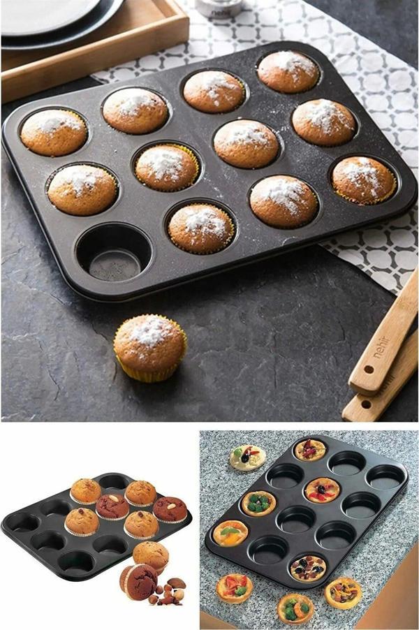  12 Bölmeli Yanmaz Ve Yapışmaz Kek Kapsülü Yapışmaz Mini Tart Kek Kapsülü Muffin Ekler Kalıbı 35-27 cm - Image 1