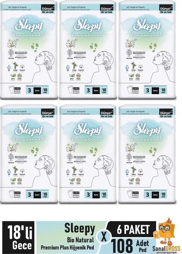 Sleepy Bio Natural Premium Plus Hijyenik Ped 18'li Gece X 6 Paket - Image 1