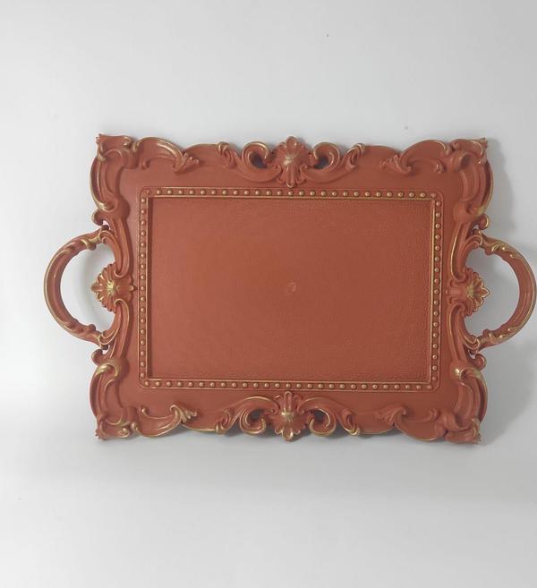 Modern Turuncu Yaldızlı 41-25 cm Saray Desenli Kabartmalı Servis Tepsisi Sunum Tepsisi Çay Kahve Tepsi - Image 1