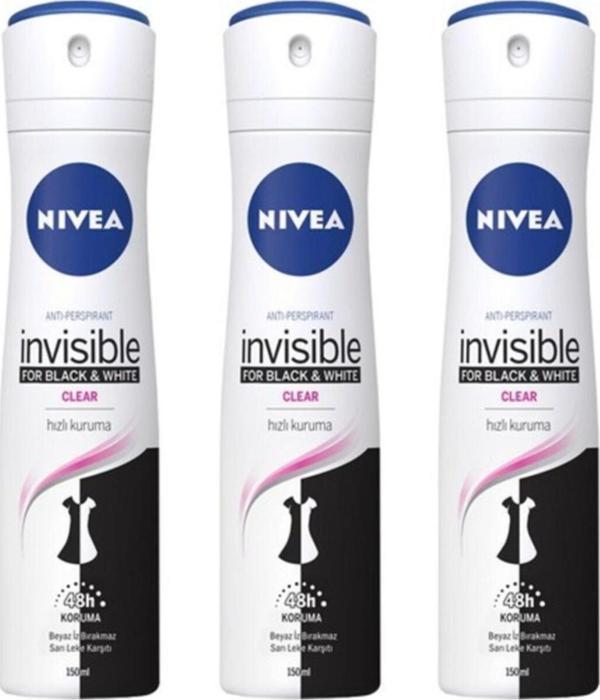 Nivea Invisible For Black & White Clear 150 ml 3 Adet Deo Sprey - Image 1