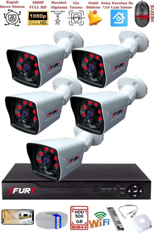 FURY 5 Kameralı 2MP Full HD Görüntü 6 Atom Led Gece Görüşlü Dış Mekan Güvenlik Kamerası Seti 500GB - Image 1