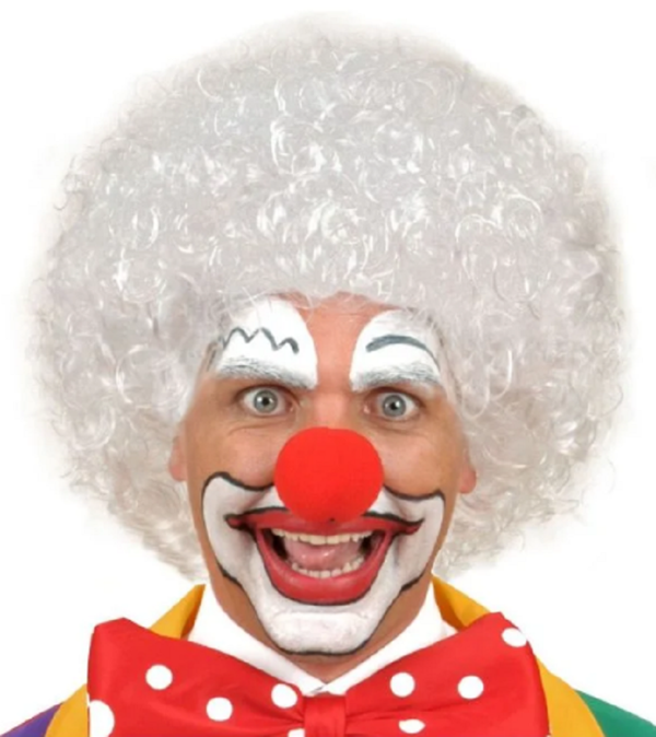 Beyaz Renk Kıvırcık Afro Bonus Peruk Saç ve Kırmızı Sünger Burun Seti - Image 1