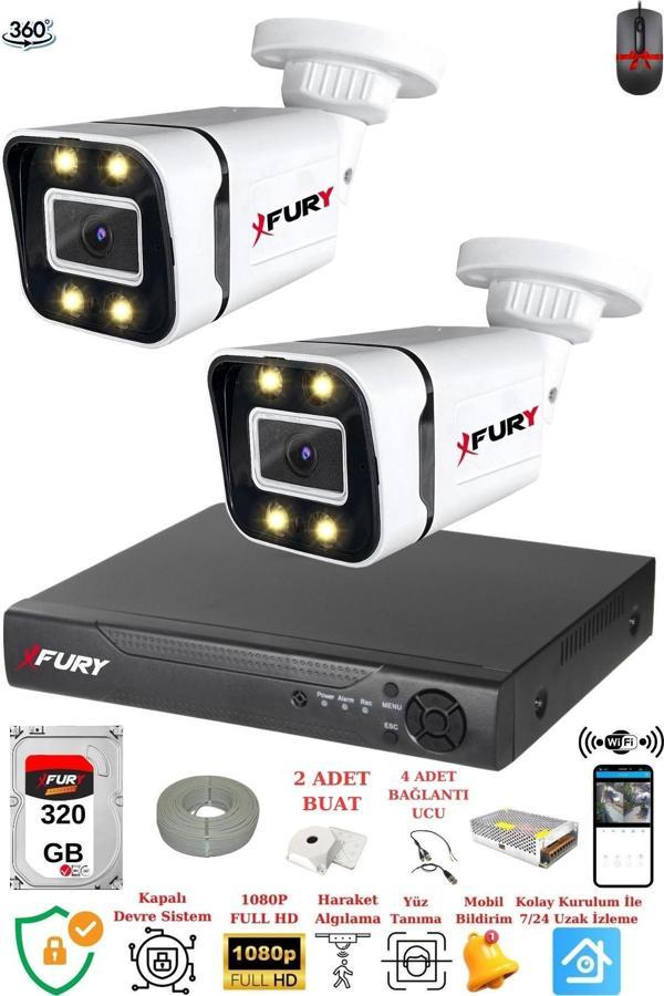 FURY 2 Kameralı Full Hd Gece Renkli - Su Geçirmez Ultra Led Güvenlik Kamerası Seti 320GB - Image 1