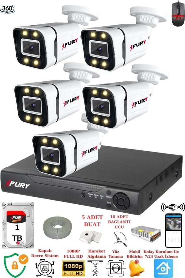 FURY 5 Kameralı Full Hd Gece Renkli - Su Geçirmez Ultra Led Güvenlik Kamerası Seti 1TB - Image 1