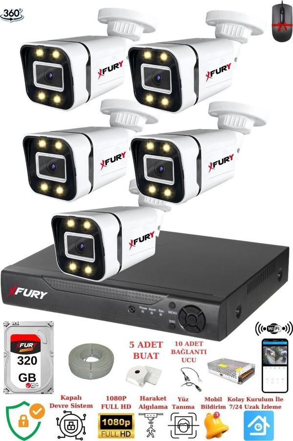 FURY 5 Kameralı Full Hd Gece Renkli - Su Geçirmez Ultra Led Güvenlik Kamerası Seti 320GB - Image 1