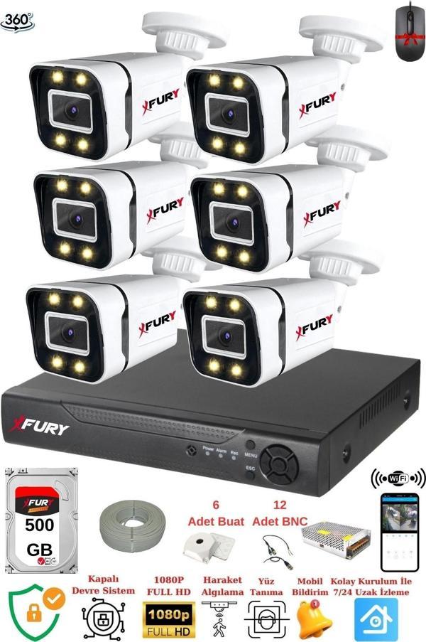 FURY 6 Kameralı Full Hd Gece Renkli - Su Geçirmez Ultra Led Güvenlik Kamerası Seti 500GB - Image 1