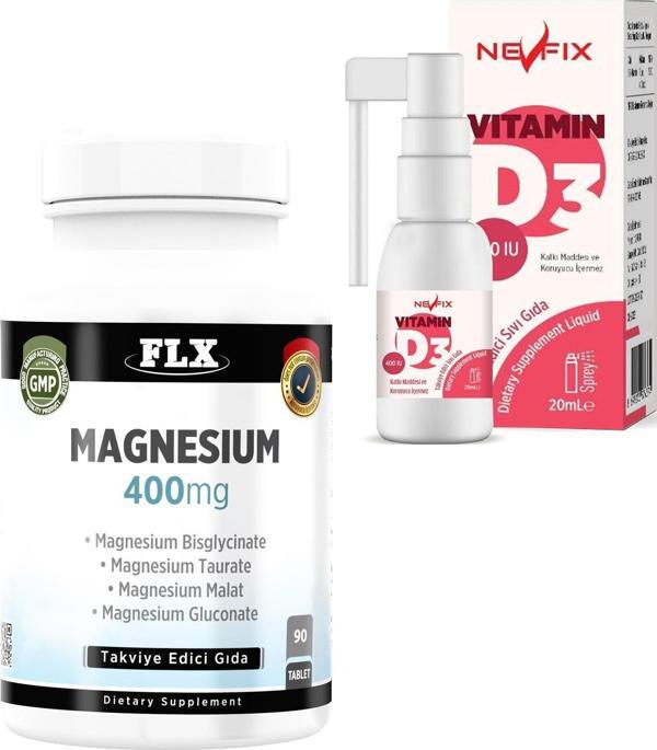 Flx  Magnesium Elementleri 90 Tablet  Nevfix Vitamin D3 400 Iu 20 ml - Image 1