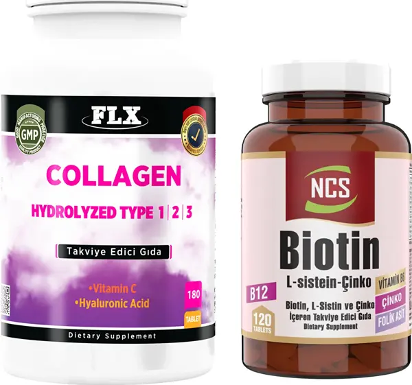 FLX Collagen Kollajen Tip 1-2-3 Hyaluronik Asit Vitamin C 180 Tablet+Biotin 120 Tablet - Image 1