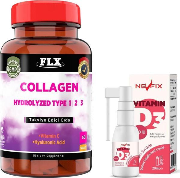 FLX Collagen Tip-1 Tip-2 Tip-3 Hyoluronic Asit Vitamin C 60 Tablet   Nevfix Vitamin D3 Sıvı Sprey 20 ml - Image 1