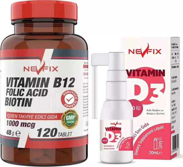 Nevfix Vitamin B12 Folic Acid Biotin 1000 Mcg 120 Tablet    Vitamin D3 400 Iu 20 ml Sprey (Sıvı) - Image 1
