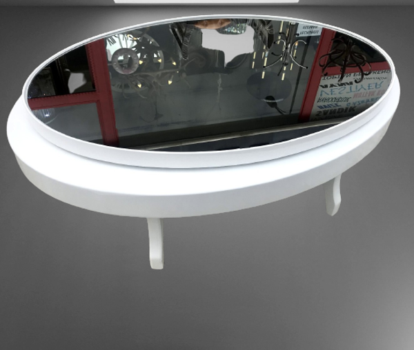  Orta sehpa 18036 Döner OVAL İNOVATİF Kayın Ayak Şık MDF-cam Tabla Parlak Beyaz - Image 1