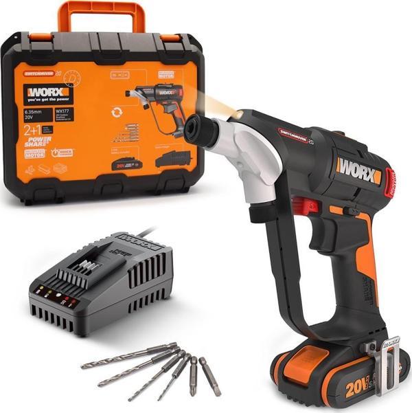 WORX WX177 20Volt/2.0Ah Li-ion Döner Kafa ve Çift Mandrenli Profesyonel Kömürsüz Şarjlı Matkap + 6 Parça Uç - Image 1