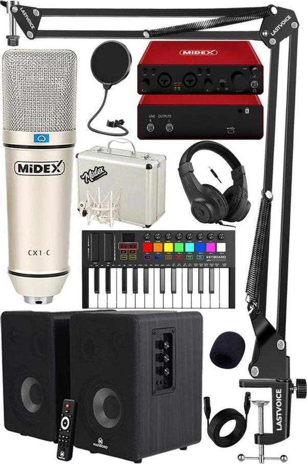Midex İmpressive Paket-4 Stüdyo Ekipmanları Seti (Monitör Mikrofon Ses Kartı Kulaklık Midi Klavye) - Image 1