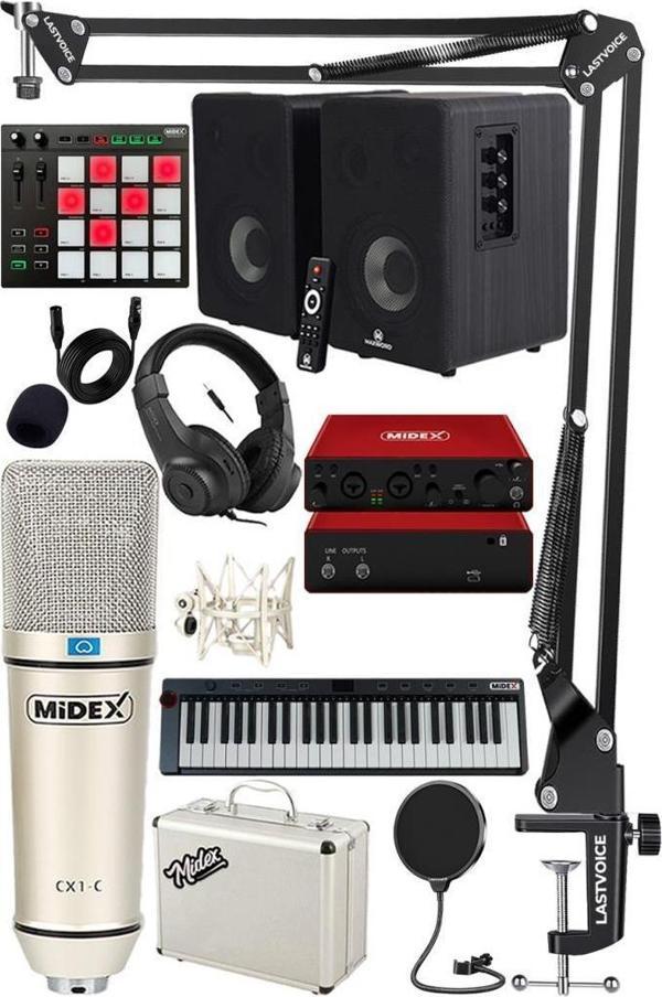 Midex İmpressive Paket-5 Stüdyo Ekipmanları Seti (Monitör Mikrofon Ses Kartı Kulaklık Midi Klavye Pad Controller) - Image 1