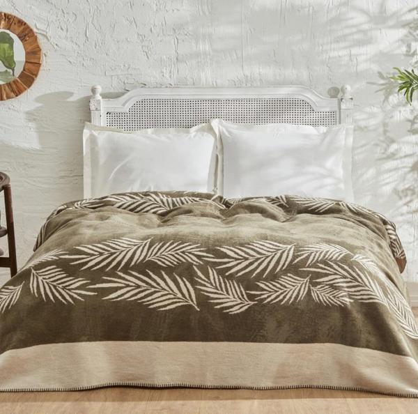 Karaca Home Leaf Haki Çift Kişilik Pamuk Battaniye - Image 1