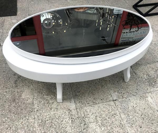 Döner Orta sehpa 13828 OVAL Klasik Kayın Retro Ayak MDF Tabla Beyaz füme cam - Image 1