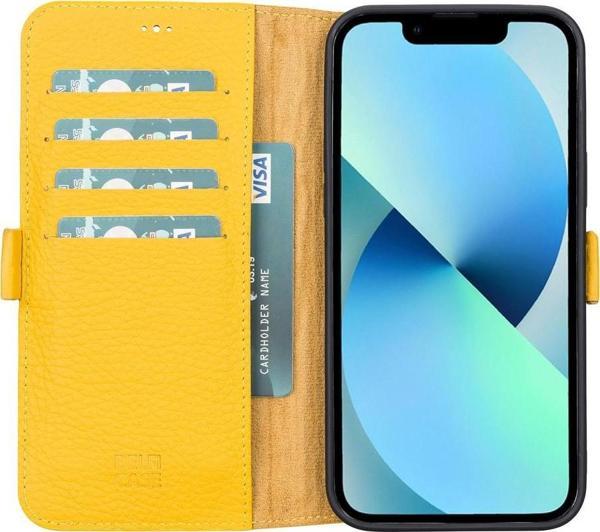 Apple iPhone 13 Pro Max Uyumlu Deri Cüzdanlı Kılıf Limon Sarı - Image 1