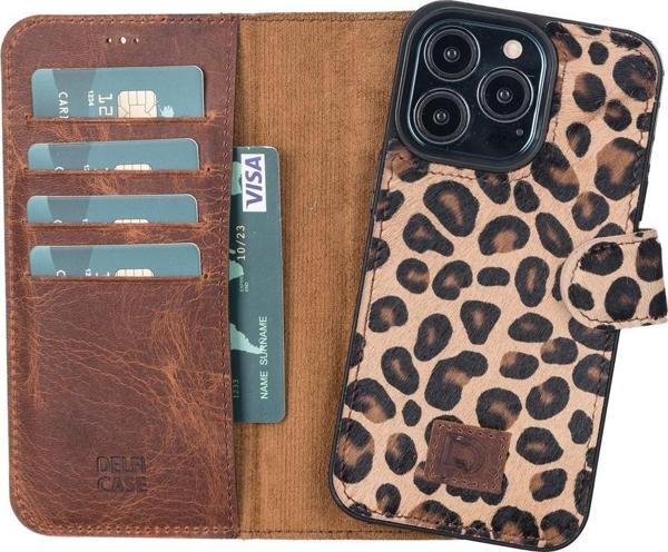 Apple iPhone 13 Pro Uyumlu Deri Cüzdanlı Kılıf Leopar Desen - Image 1