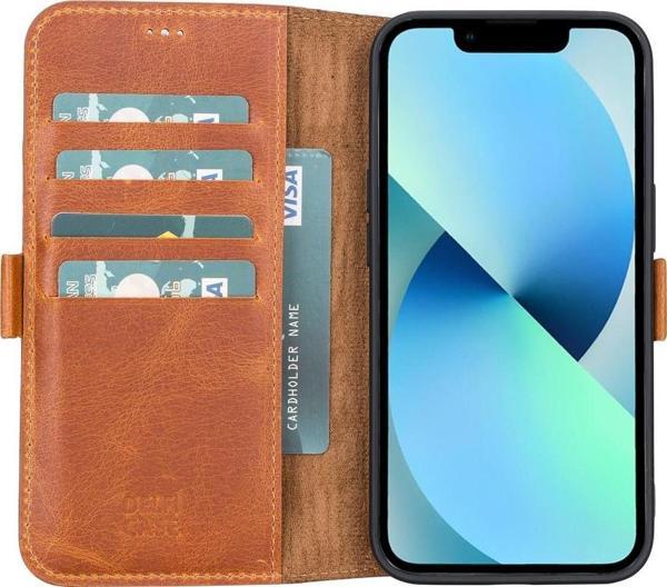 Apple iPhone 13 Uyumlu Deri Cüzdanlı Kılıf Antik Taba - Image 1