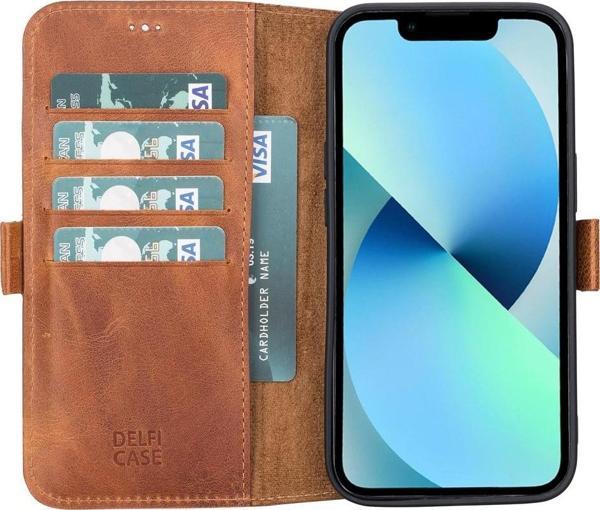 Apple iPhone 13 Uyumlu Deri Cüzdanlı Kılıf Karamel - Image 1