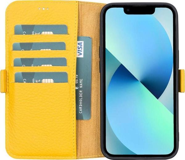 Apple iPhone 13 Uyumlu Deri Cüzdanlı Kılıf Limon Sarı - Image 1