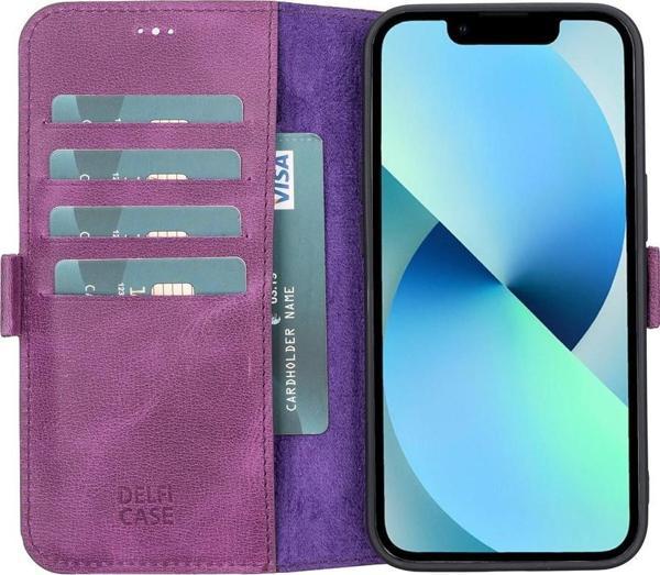 Apple iPhone 13 Uyumlu Deri Cüzdanlı Kılıf Rustik Mor - Image 1
