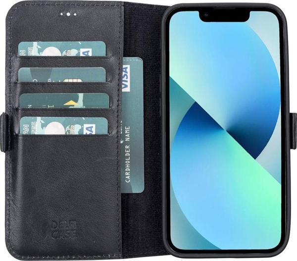 Apple iPhone 13 Uyumlu Deri Cüzdanlı Kılıf Rustik Siyah - Image 1