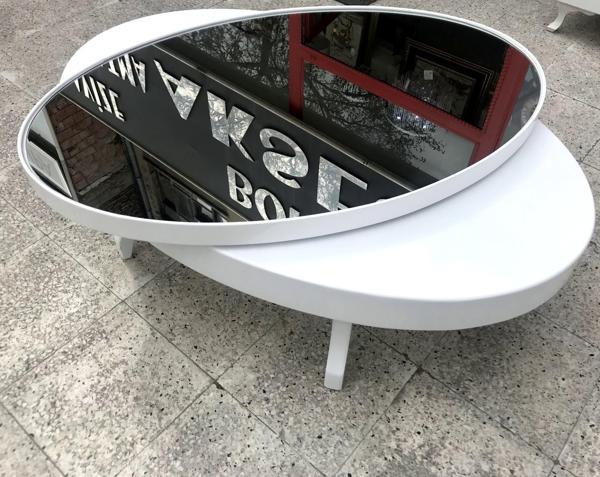 Orta sehpa 17140 Dönerli OVAL İNOVATİF Kayın Ayak MDF Tabla Parlak Beyaz füme cam - Image 1