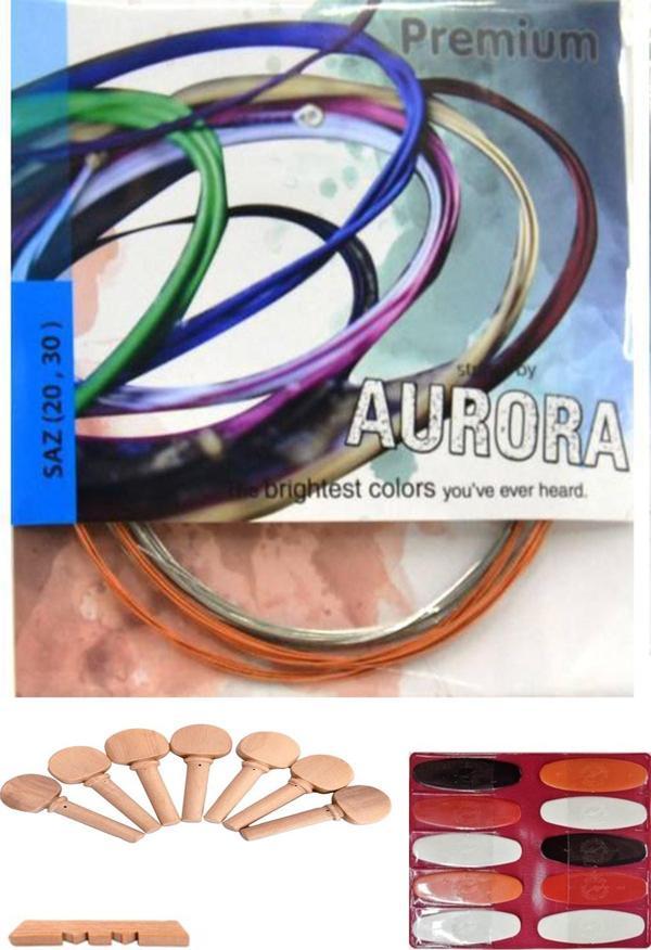 Aurora Premium 0,20 Uzun Sap Bağlama Teli Takımı +10 Adet Tezene + 1 Adet Eşik + 7 Adet Burgu - Image 1