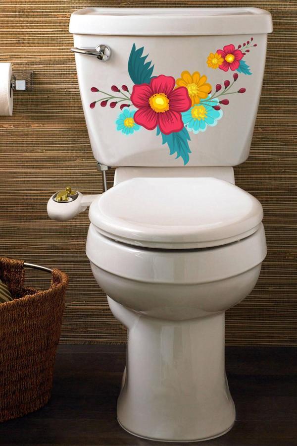 Sarı Kırmızı Turkuaz Çüçekler Klozet Sticker Banyo Sticker Seti - Image 1