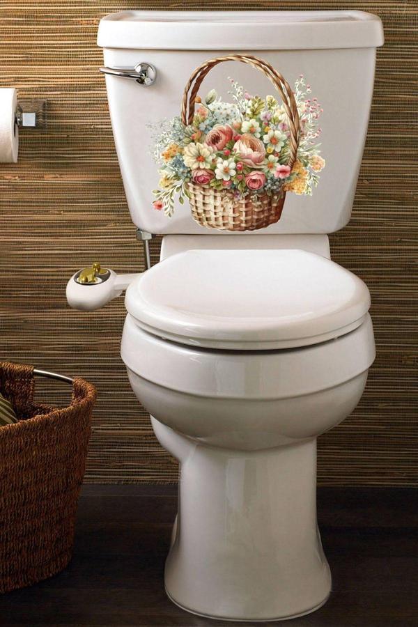 Sepetteki Güller ve Kır Çiçekleri Klozet Sticker Banyo Sticker - Image 1