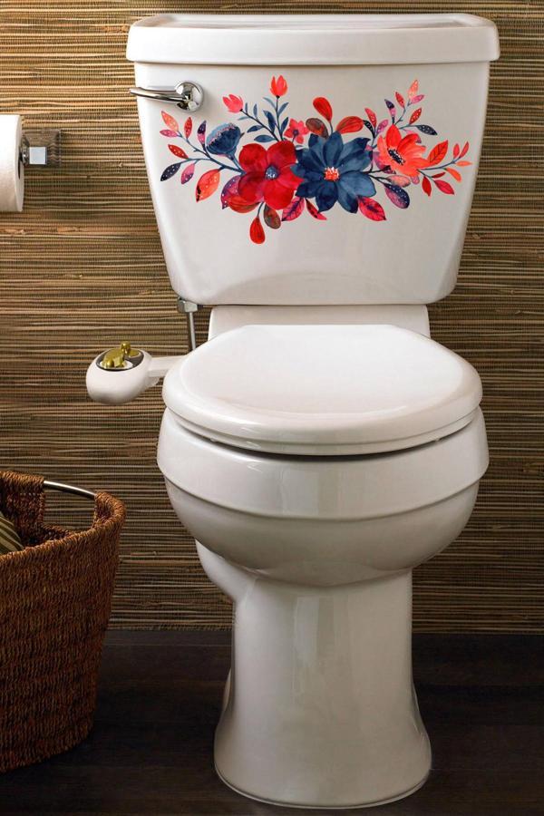 Sulu Boya Kırmızı Mor Çiçekler ve Yapraklar Klozet Sticker - Image 1
