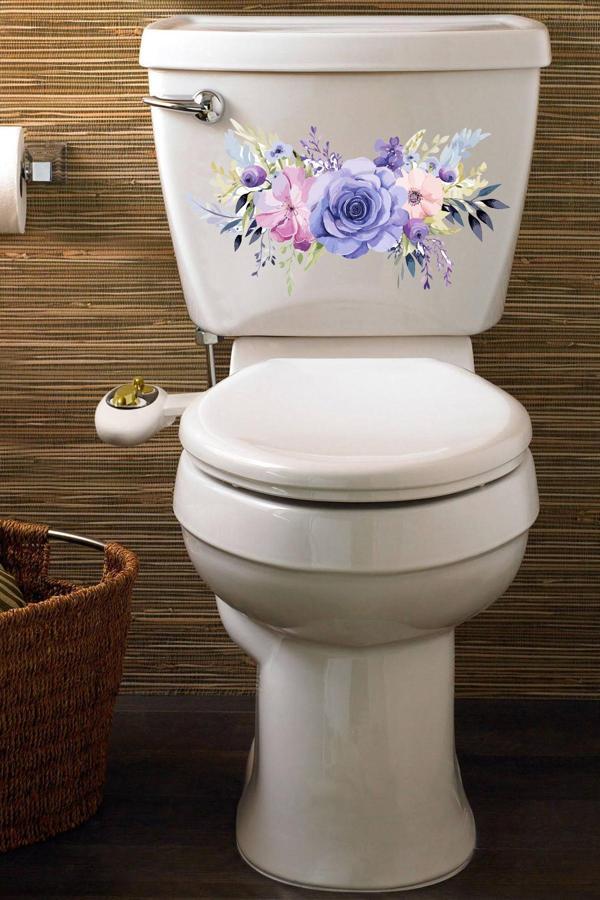 Sulu Boya Mor Renkli Güller Klozet Sticker Banyo Sticker - Image 1