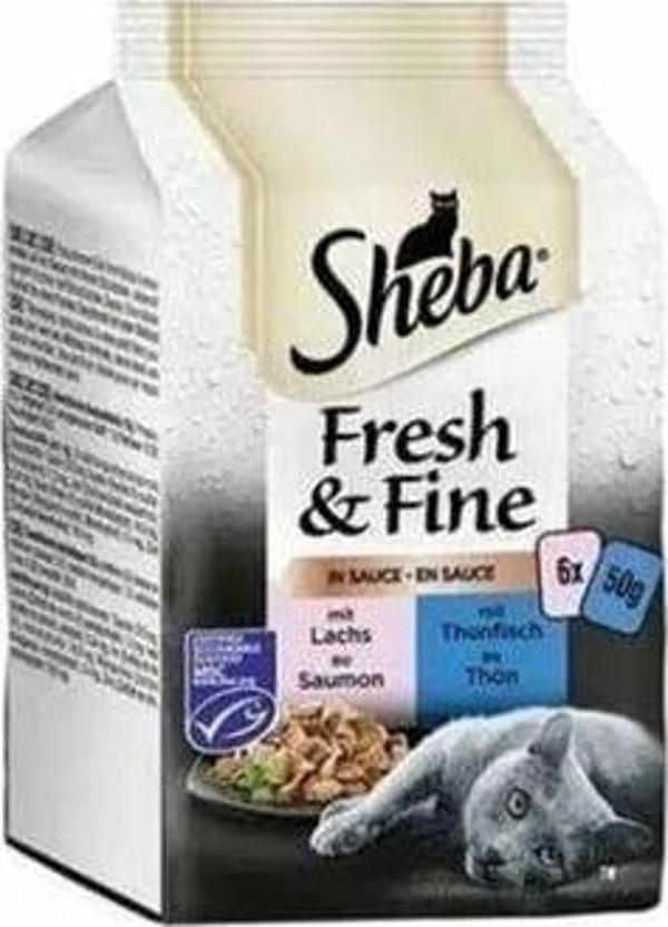 Sheba Pouch Fresh & Fine Sos İçerisinde Ton Balıklı ve Somonlu Yetişkin Konserve Kedi Maması 6 Adet 50 Gr - Image 1