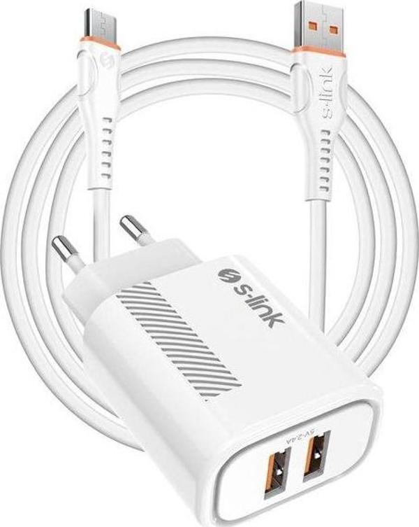 S-link SL-EC50 (SL-EC50M) 5V 2400MA Micro Kablolu 2 USB Çıkışlı Beyaz Ev Şarj Adaptörü - Image 1
