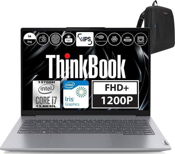 Lenovo Thinkbook 14 Gen6 Intel Core I7 13700H 16GB Ddr5 512GB SSD Iris® Xe Graphics Freedos 14" Wuxga 300NIT Taşınabilir Bilgisayar 21KG004NTRF01 + Weblegelsin Çanta - Image 1