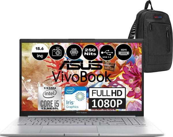Asus VivoBook X1504VA İntel Core i5-1335U 24GB 512GB SSD Iris Xe Graphics 15.6″ FHD W11PRO WNJ104P07+  Çanta - Image 1