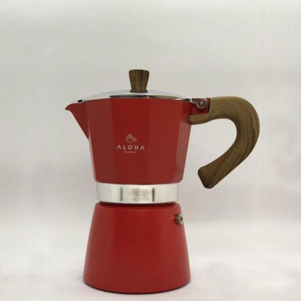 Aloha Ahşap Kulplu 6 Cups Moka Pot - Moka Pot 6 Cups-moka Pot Kırmızı - Image 1