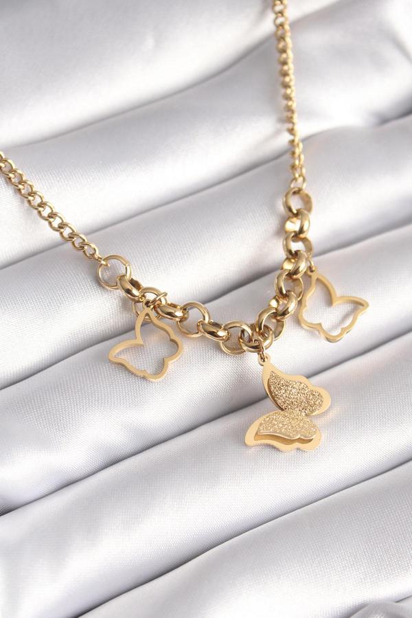 316L Çelik Gold Renk Simli Kelebek Model Kadın Kolye  - Image 1