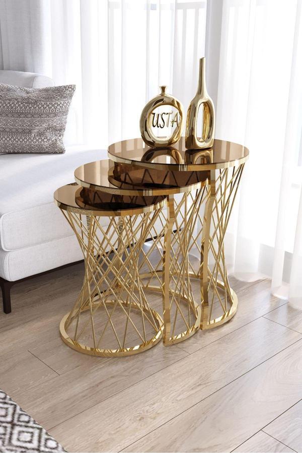 usta mekan Hasır Telli Zigon Sehpa Gold-bronz (iç Içe Geçen) - Image 1