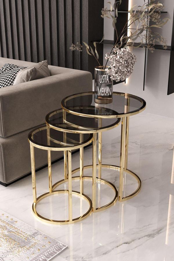 usta mekan Usta Gold Metal Füme Cam 3 lü Zigon Sehpa - Image 1