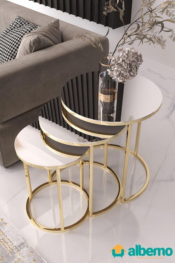 usta mekan Usta Gold Metal Gümüş (DÜZ) Aynalı 3lü Zigon Sehpa - Image 1